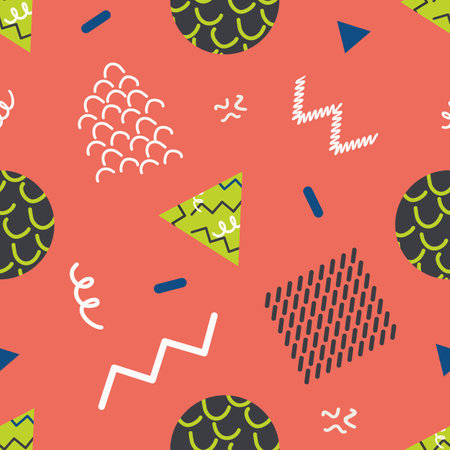 Memphis geometric shapes vector abstract seamless pattern background. Retro color waffle squares, triangles, circles, zig zag wavy lines on coral pink backdrop. Scribbled funky repeat for summer beachのイラスト素材