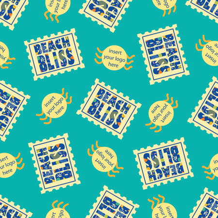 Beach bliss typography with placeholder for business logo. Vector seamless pattern background.Aqua blue and yellow backgdrop with text on stamp shapes plus waves.Repeat for ocean resort merchandising.のイラスト素材