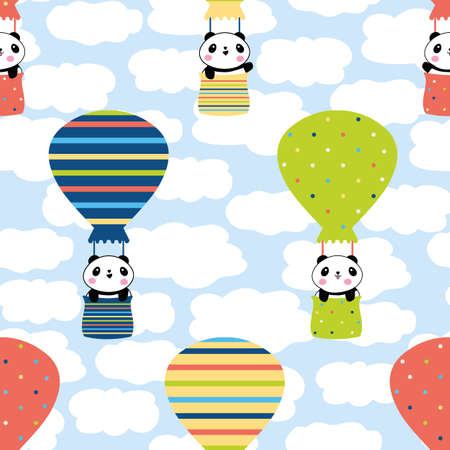 Cute Kawaii panda travelling in hot air balloons seamless vector pattern background. Bright multicolor backdrop with cartoon bears flying in a blue sky with fluffy clouds. Summer travel repeatのイラスト素材