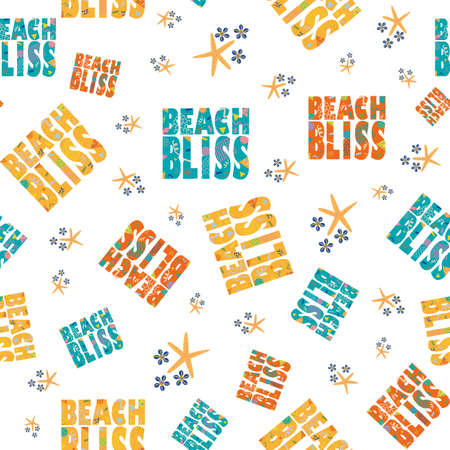 Beach bliss typography vector seamless pattern background.Tropical color memphis design text, oean shells, star fish on white backdrop. Fun repeat for summer travel, vacation seaside resort conceptのイラスト素材