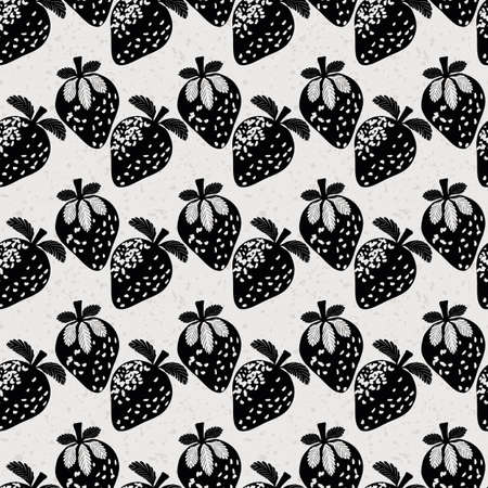 Strawberry linocut seamless vector pattern background. Rows of stencil style berries on terrazzo textured backdrop. Geometric design. Monochrome aged effect. Soft fruit repeat for vintage packagingのイラスト素材
