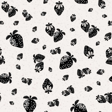 Strawberry linocut seamless vector pattern background. Stencil style mix of small and large berries on terrazzo textured backdrop. Monochrome aged effect.Soft fruit repeat for vintage packagingのイラスト素材