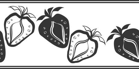 Strawberry linocut seamless vector border background. Stencil style banner with hand drawn black berries on white backdrop. Monochrome minimalist design. Edging, trim for farm food market conceptのイラスト素材