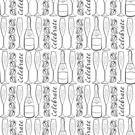 Champagne and strawberry celebrate text vector seamless pattern background. Script lettering, fizzing glasses,bottles strawberries black white backdrop. Hand drawn line art sparkling party repeat.のイラスト素材