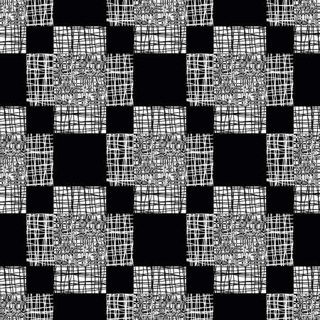 Irregular vector gauze weave effect cross seamless pattern background. Backdrop of monochrome coarsely woven crosses with spliced edges. Abstract Hessian fibre texture repeat for packagingのイラスト素材