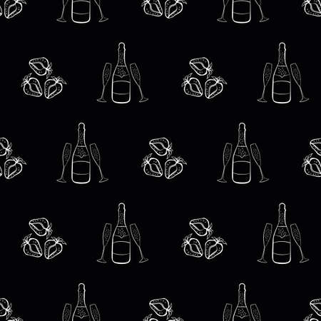 Champagne and strawberry celebration vector seamless pattern background. Chalkboard style monochrome backdrop with fizz, champagne flutes,bottles, strawberries fruit. Retro party and occasions conceptのイラスト素材