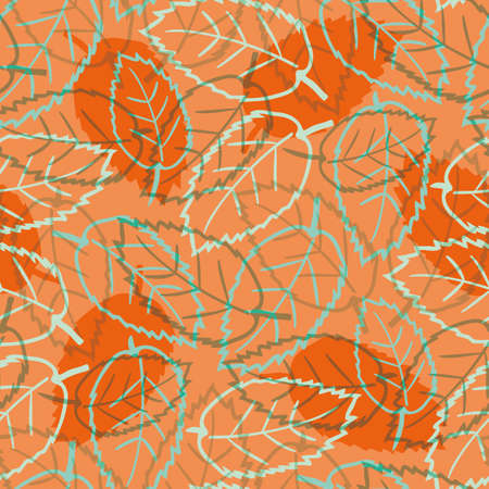 Elm leaf seamless vector pattern background. Hand drawn line art outline leaves and silhouette shadow orange blue backdrop. Texture botanical design. Foliage repeat print for nature wellbeing conceptのイラスト素材