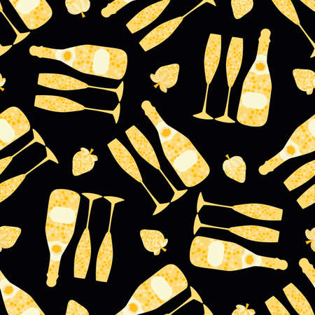 Champagne and strawberry vector seamless pattern background. Elegant gold black backdrop with fizz, champagne flutes,bottles, strawberries fruit. Modern chic repeat for party, birthday, weddingのイラスト素材