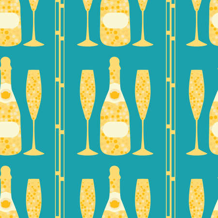 Champagne icons vector seamless pattern background. Fun abstract fizzing bottles, glasses with art deco style vertical stripes. Sparkling wine aqua blue gold backdrop. Repeat for party celebration.のイラスト素材