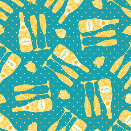 Champagne and strawberry celebrate text vector seamless pattern background. Script lettering, fizzing glasses,bottles strawberries aqua blue gold backdrop with polka dots. Sparkling party repeat.のイラスト素材