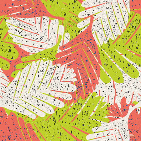 Abstract paint spatter tropical leaves seamless vector pattern background. Painterly backdrop with...