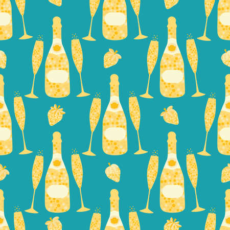 Champagne and strawberry vector seamless pattern background. Elegant gold aqua blue backdrop with fizzing, champagne flutes,bottles, strawberries fruit. Modern chic repeat for party, birthday, weddingのイラスト素材