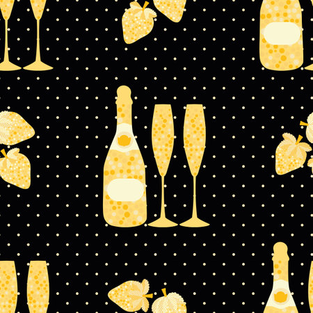 Champagne and strawberry vector seamless pattern background. Elegant gold black backdrop with fizz, champagne flutes,bottles, strawberries fruit, polka dots. Modern repeat for celebration conceptのイラスト素材