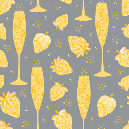 Champagne and strawberry vector seamless pattern background. Yellow grey duotone backdrop with fizz, champagne flutes, bubbles, strawberries fruit. Modern repeat for party celebration conceptのイラスト素材