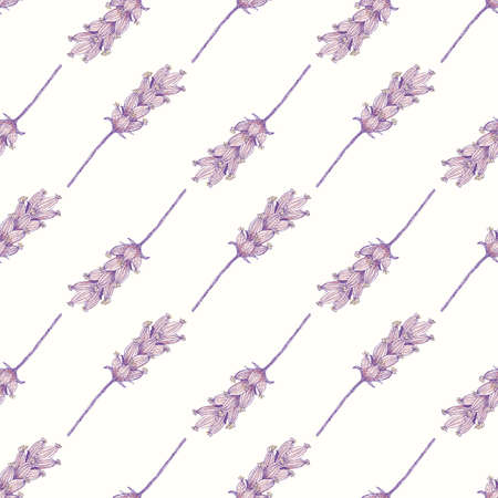 Lavender line art seamless vector pattern background. Backdrop with purple blossoms on stems in diagonal geometric rows. Botanical herb vintage design. Nature meadow garden all over print for summerのイラスト素材