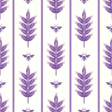 Abstract lavender and bees striped seamless vector pattern background. Modern graphic purple blossoms, bees, stripes on white backdrop. Botanical herb design. Vertical geometric repeat for packagingのイラスト素材