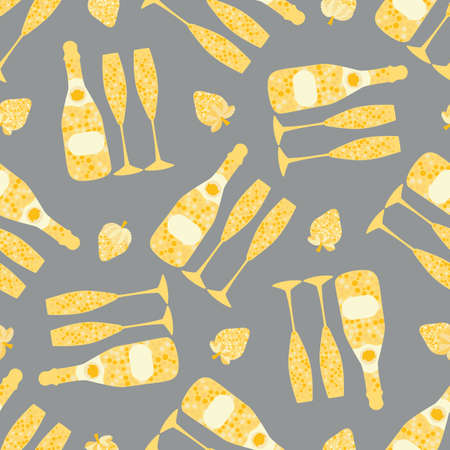 Champagne and strawberry vector seamless pattern background. Elegant gold yellow grey backdrop with fizz, champagne flutes,bottles, strawberries fruit. Modern chic repeat for party, birthday, weddingのイラスト素材