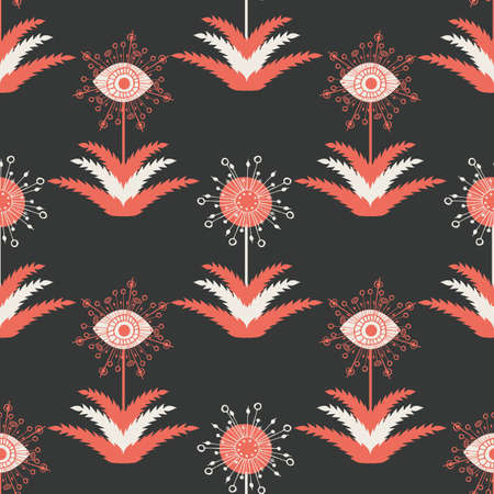 Abstract dandelion seeds seamless vector pattern background.Stylized folk art mix of herbacious garden flowers black red backdrop.Geometric design. Midcentury modern botanical repeat for wellnessのイラスト素材
