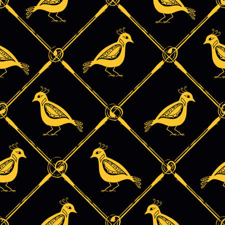 Stylized bird and diagonal grid seamless vector pattern background. Mix of folk art or baroque style gold black backdrop with painterly slanted criss cross lines. Historical effect geometric repeatのイラスト素材