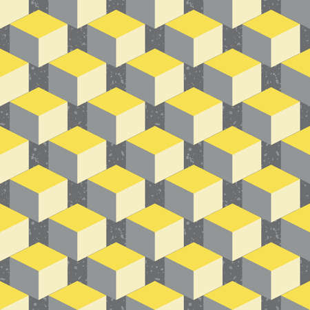 3D isometric cube vector seamless pattern background. Diagonal rows of yellow grey cubes on textured terrazzo backdrop. Abstract design with geometric shapes. Staircase layout. Repeat for businessのイラスト素材