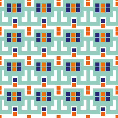 Modern Moorish style geometric vector pattern background. Backdrop with mosaic squares and interlinked shapes. Blue, indigo, neon orange repeat with tiled rectangles. Summer vacation beach conceptのイラスト素材