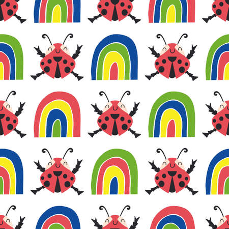 Cute ladybirds and rainbows seamless vector pattern background. Happy dancing ladybugs in childlike drawing style. Geometric design in primary colors with garden bugs.All over print for childrenのイラスト素材