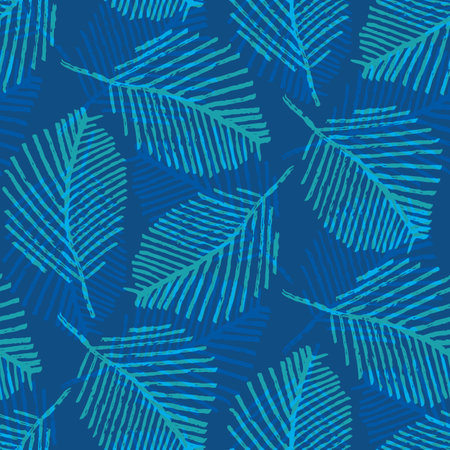 Mono print style scattered leaves seamless vector pattern background. Cobalt blue layered lino cut effect skeleton leaf foliage backdrop. At home hand crafted design concept. Repeat for packagingのイラスト素材