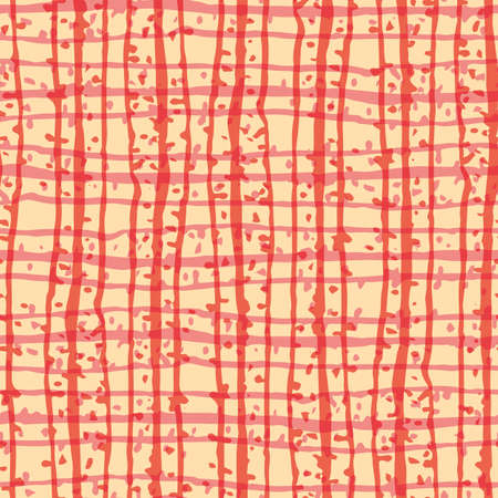 Grunge grid line vector seamless pattern background. Organic irregular lines.Painterly ink brush stroke style weave backdrop. Criss cross burlap dot effect geometric design. Orange, yellow repeatのイラスト素材