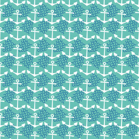 Vector cute anchor and wave abstract seamless pattern background. Aqua blue backdrop with white anchors, navy blue waves. Dense geometric nautical design. Repeat for marine, summer vacation concept.のイラスト素材