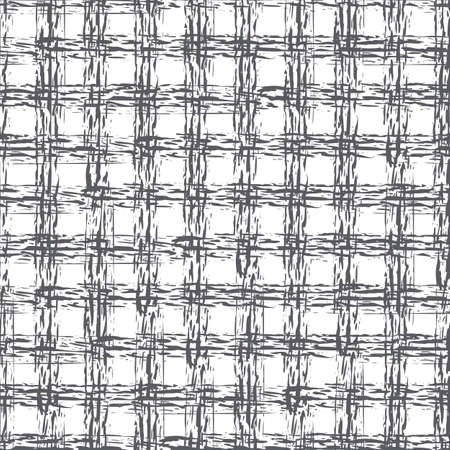 Abstract vector basket weave modern seamless pattern background. Monchrome black white burlap grid backdrop with overlapping painterly broken lines. Loose fibre interlace effect plaid grunge repeatのイラスト素材