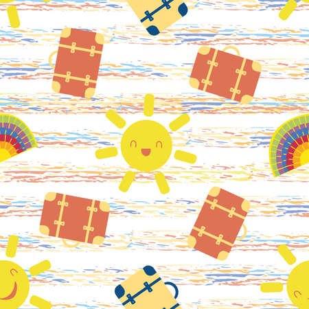 Cute vector travel seamless pattern background with sun, suitcases, rainbows. Fun repeat with colorful vacation icons on tropical stripe backdrop. For summer, kids, holiday, leisure conceptのイラスト素材
