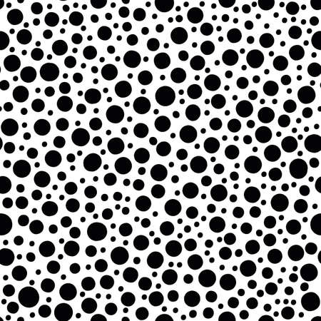 Dalmation dot vector seamless pattern background. Backdrop texture with dense scattered polka dots. Monochrome mixed circles repeat. Tossed random effect design. Shabby chic all over print, urban vibeのイラスト素材