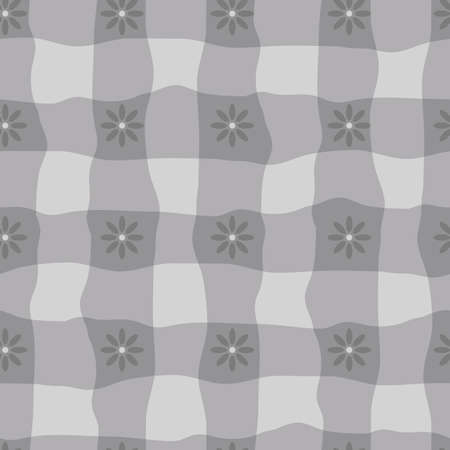 Watercolor effect gingham and flower vector seamless pattern background. Organic floral and irregular stripes painterly grid plaid backdrop. Monochrome grey crinkle faux cloth repeat for packagingのイラスト素材
