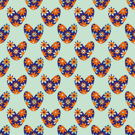 Seamless colorful love heart vector pattern in boho style. Bright flower neon orange blue indigo...