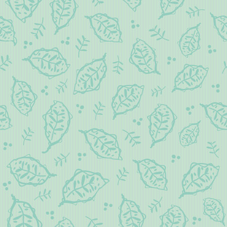 Scandi leaf vector hand drawn modern seamless pattern background. Pastel monochrome teal aqua blue painterly backdrop with scattered foliage, sprigs and Scandinavian vibe botanical repeat for wellnessのイラスト素材