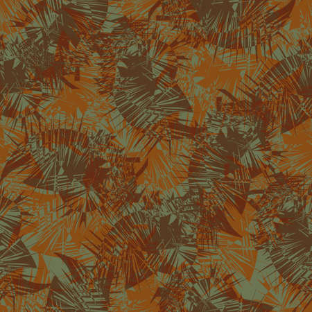 Cordyline leaf abstract seamless vector pattern background. Tropical spiky foliage backdrop in ochre brown and green. Modern botanical overlapping leaves texture. Colorful faux tie dye all over printのイラスト素材