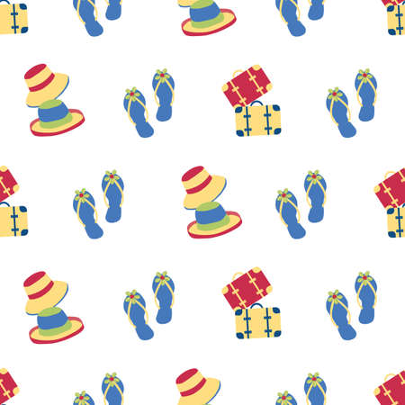 Vector travel fun seamless pattern background with flip flops, hats, suitcases, Tropical fun repeat with blue, yellow, red, vacation icons on white backdrop.For summer, beach holiday conceptのイラスト素材