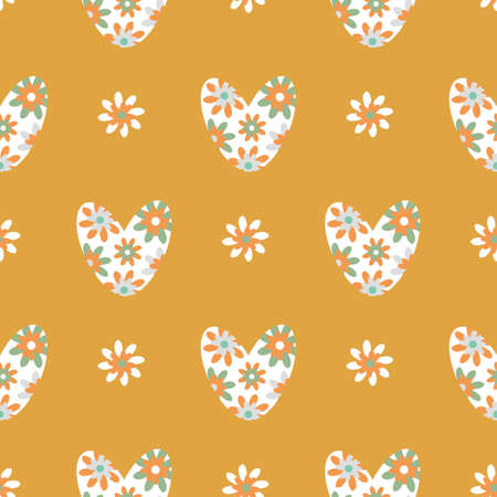 Monochrome ochre love heart vector seamless pattern background in boho style. Floral hearts and flowers on orange backdrop. Simple folk art botanical geometric repeat. For wellness, packagingのイラスト素材