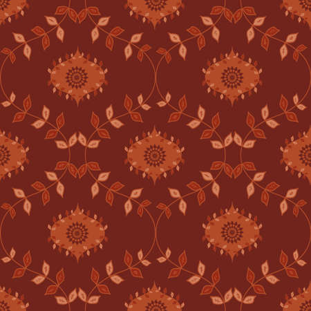 Ogee foliage vector seamless pattern background with hand drawn leaves and ornamental flowers. Elegant geometric foliage historical backdrop in monochrome brown red. Earthy botanical repeat.のイラスト素材