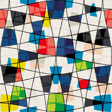Abstract Mondrian style seamless vector pattern. Bauhaus background diagonal geometric style. Colorful mosaic art grid repeat backdrop. Blended vintage lattice all over print for wellness, summerのイラスト素材