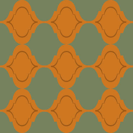 Roman ogee abstract vector seamless pattern background with elongated shapes. Elegant geometric backdrop in ochre sage green. Modern warm symmetrical style repeat for wellness, packagingのイラスト素材