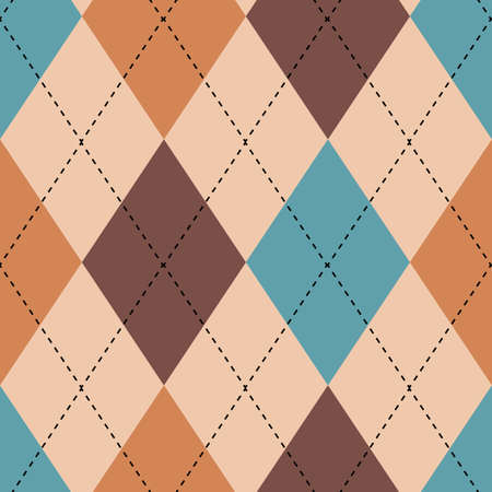 Classic argyle seamless vector pattern background. Geometric blue, brown, pink backdrop. Overlay of intercrossing lines on solid multicolor diamond shapes. Scottish or harlequin inspired repeatのイラスト素材
