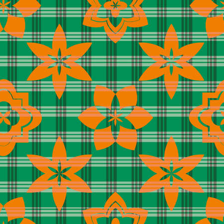 Quatrefoil stars or flowers seamless vector pattern background. Historical inspired orange foil motifs on gingham tartan green backdrop. Decorative medieval style. Arabesque tropical summer themeのイラスト素材