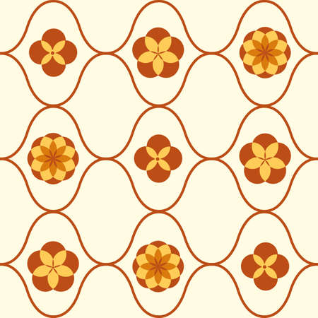 Roman ogee and quatrefoil abstract vector seamless pattern background. Elegant geometric backdrop medieval style with foil motifs in ochre and cream white. Symmetrical repeat for wellness, packagingのイラスト素材