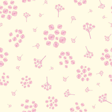 Simple pink Forget-Me-Not floral seamless vector pattern background. Sprigs and groups mysotis flowers on pastel yellow backdrop. Scattered botanical design. All over print for spring, baby, wellnessのイラスト素材