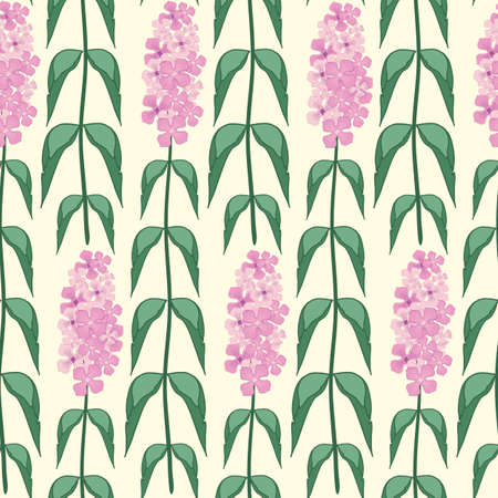 Buddleia seamless vector pattern background. Known as butterfly bush. Hand drawn clusters of pink purple petals on tall stems on yellow backdrop. Popular garden shrub geometric repeat. For wellnessのイラスト素材