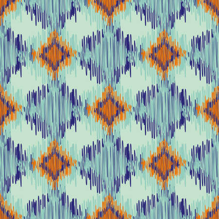 Shibori style ikat vector seamless vector pattern background. Scribbled diamond shapes backdrop in orange, green blue. Weave effect repeat. Simulated woven geometric all over print wellness, packagingのイラスト素材