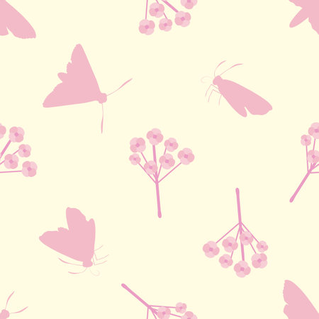 Butterfly floral vector seamless pattern background. Backdrop with varied silhouettes of butterflies and flower stems. Duotone pink pastel yellow repeat.Flying bugs, plants design for wellness, baby.のイラスト素材