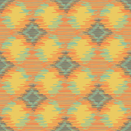 Shibori style ikat vector seamless vector pattern background. Scribbled diamond shapes backdrop in orange, pastel blue. Weave effect repeat. Tropical woven geometric all over print wellness, packagingのイラスト素材