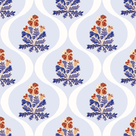 Pelagronium floral ogee vector pattern background. Historical style backdrop in pastel blue and red...